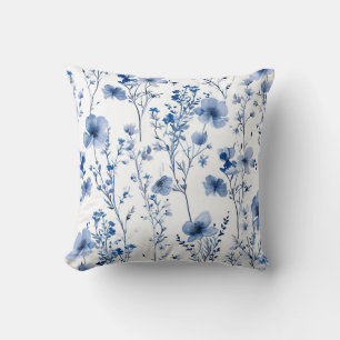 Coussin Motif floral aquarelle de fleurs sauvages bleues e