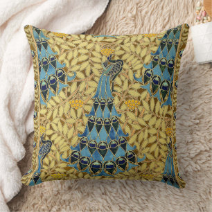 Coussin Motif floral au paon bleu Art nouveau vintage