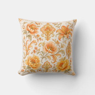 Coussin Motif Floral Baroque Vintage – Orange Chaud / Or