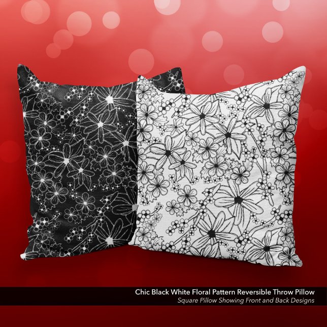 Coussin Motif floral blanc noir chic réversible (Chic Black and White Floral Pattern Reversible Throw Pillow)