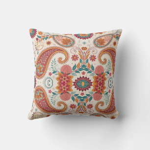 Coussin Motif floral blanc paisley boho vibrant