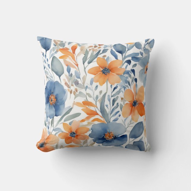 Coussin Motif Floral Bleu Et Orange (Recto)