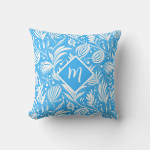 Coussin Motif floral bleu tropical avec monogramme diamant