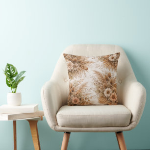 Coussin Motif floral bohème crème et caramel neutre