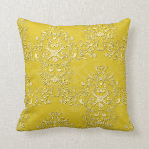 Coussin Motif floral damassé jaune vibrant