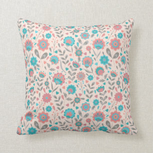 Coussin Motif floral d'art populaire turquoise et de