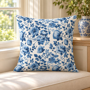 Coussin Motif floral de cottage bleu marine et blanc
