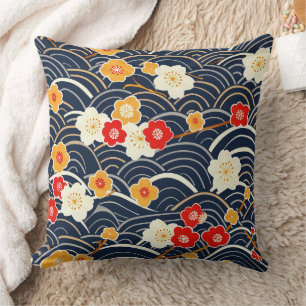 Coussin Motif floral de fleur de prunier à vague japonaise