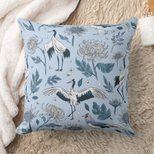 Coussin Motif floral de grue japonaise et botanique