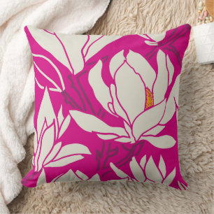 Coussin Motif floral de magnolia en fuchsia