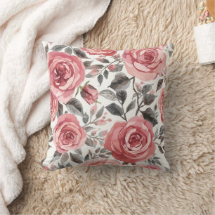 Coussin Motif floral de rose aquarelle rose & gris