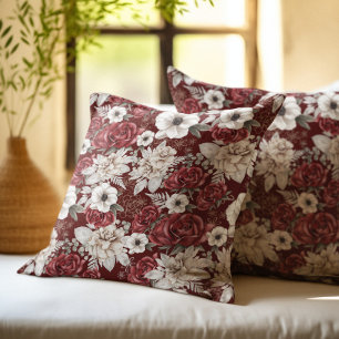 Coussin Motif floral de rose de crême de Bourgogne rustiqu