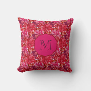 Coussin Motif floral de roses en monogramme rose vif gras