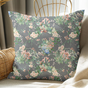 Coussin Motif floral élégant vintage gris foncé