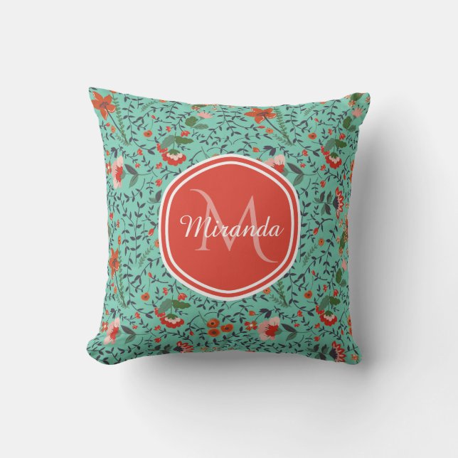 Coussin Motif floral en Monogramme Turquoise et orange et  (Recto)