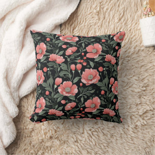 Coussin Motif floral Feuilles de chêne vert et fleurs rose
