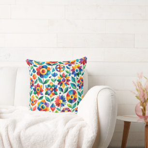 Coussin Motif floral géométrique coloré rétro moderne bleu