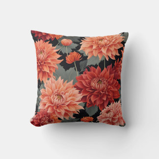 Coussin Motif floral gras rouge et orange dahlia