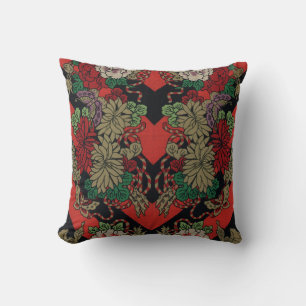 Coussin Motif floral japonais vintage pivoine rouge noir