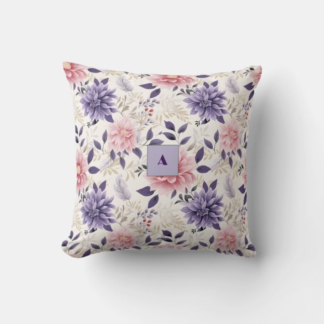 Coussin Motif floral lavande monogramme (Recto)