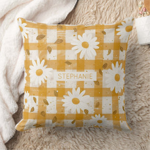 Coussin Motif floral marguerrier blanc sur En vichy jaune