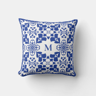 Coussin Motif floral moderne bleu monogramme élégant simpl