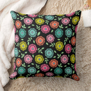 Coussin Motif floral multicolore Fond noir