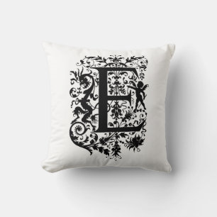 Coussin Motif floral noir et blanc à monogramme E initial