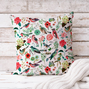Coussin Motif floral Oiseaux du jardin vibrant