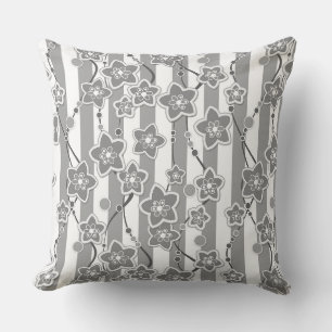 Coussin motif floral rayé gris et blanc
