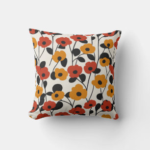 Coussin Motif floral rétro en gras rouge, orange et noir