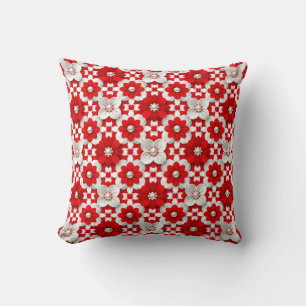 Coussin Motif floral rouge et blanc vibrant avec perle