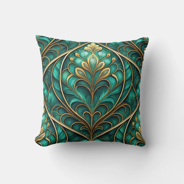 Coussin motif floral sarcelle et or vibrant (Recto)
