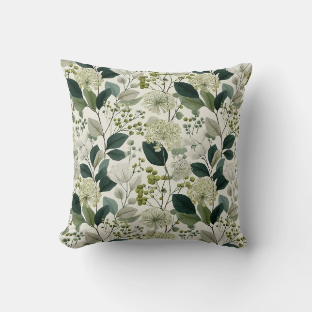 Coussin Motif floral vert botanique de fleur de crème (Recto)