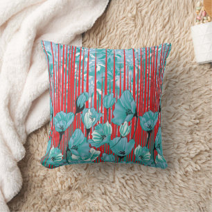Coussin Motif floral vif avec fleurs turquoise, rouge