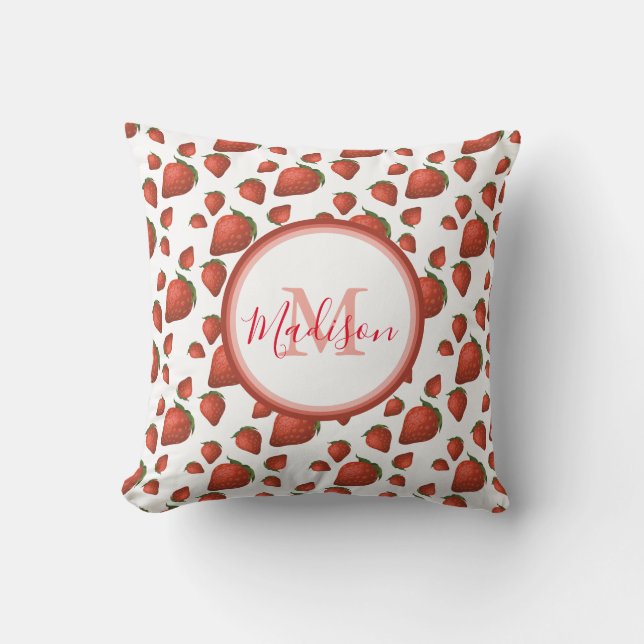Coussin Motif Fraise Monogramme Nom Initial Personnalisé E (Recto)