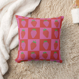 Coussin Motif Fraises Rose et Rouge à Carreaux