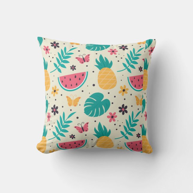 Coussin Motif Fruit Tropical Pastèque Ananas Et Fl (Recto)