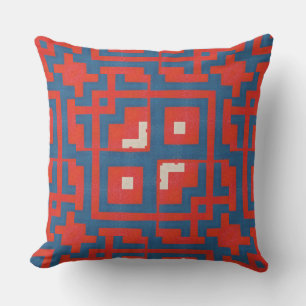Coussin Motif Géométrique Formes Rouges sur Fond Bleu