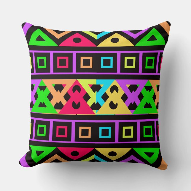 Coussin Motif géométrique Neon Rainbow sur noir (Recto)