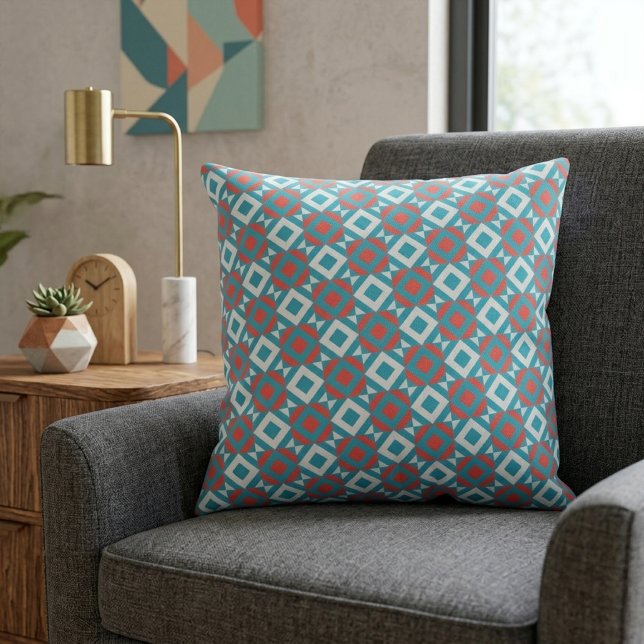 Coussin Motif géométrique optique corail sarcelle dynamiqu (Créateur téléchargé)
