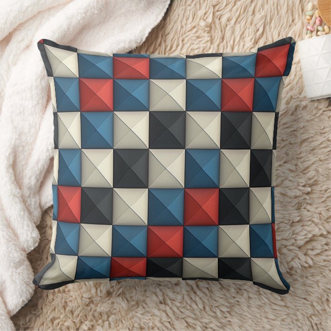 Coussin Motif géométrique pyramidal 3D – Rouge, Bleu & Crè (Couverture)