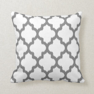 Coussin Motif géométrique Quatrefoil blanc et gris Ikat