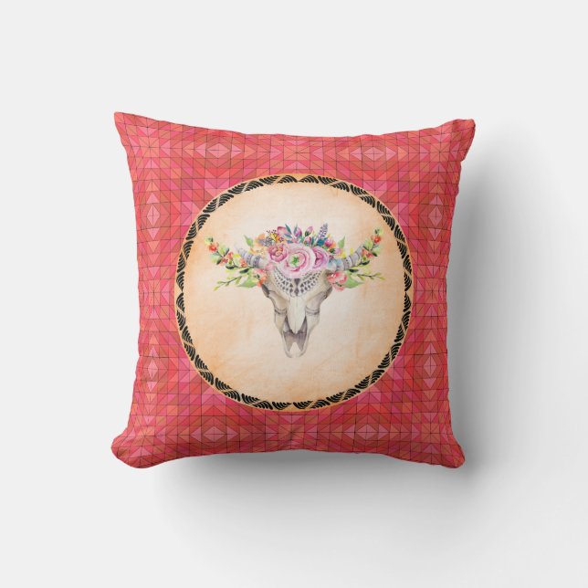 Coussin Motif Géométrique Rouge Avec Crâne De Vache Floral (Recto)