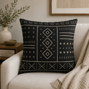 Coussin Motif géométrique tribal ivoire noir Moderne Boh