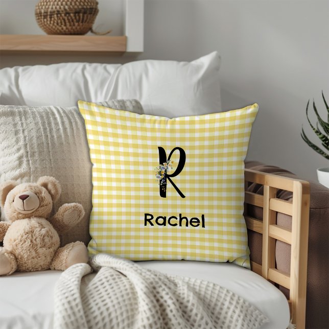 Coussin Motif gingham à fleurs aquarelle avec initiale de  (Créateur téléchargé)