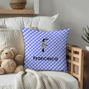 Coussin Motif gingham bleu fleur aquarelle monogramme
