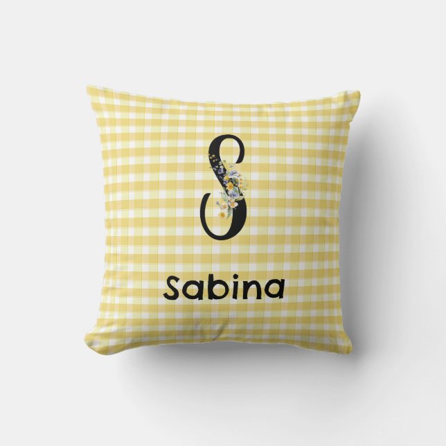 Coussin Motif gingham fleur aquarelle initiale de monogram (Recto)