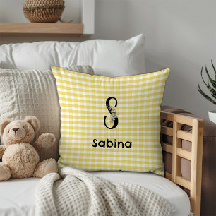 Coussin Motif gingham fleur aquarelle initiale de monogram