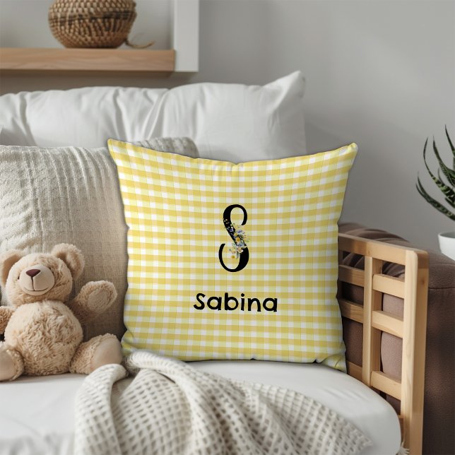 Coussin Motif gingham fleur aquarelle initiale de monogram (Créateur téléchargé)